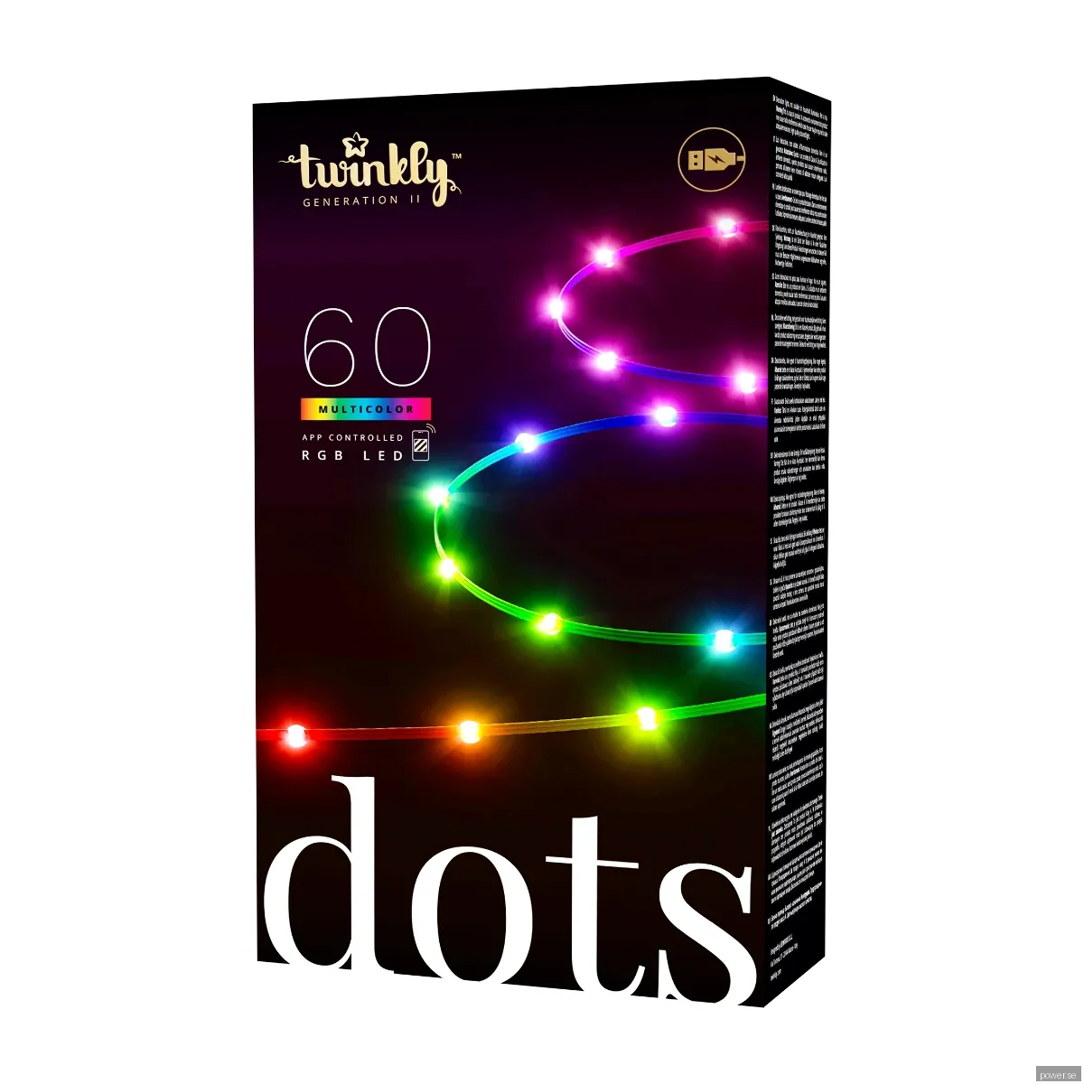 Twinkly Dots – 60 App-controlled RGB LEDs. 3 Meters. Black Wire. USB-powered.