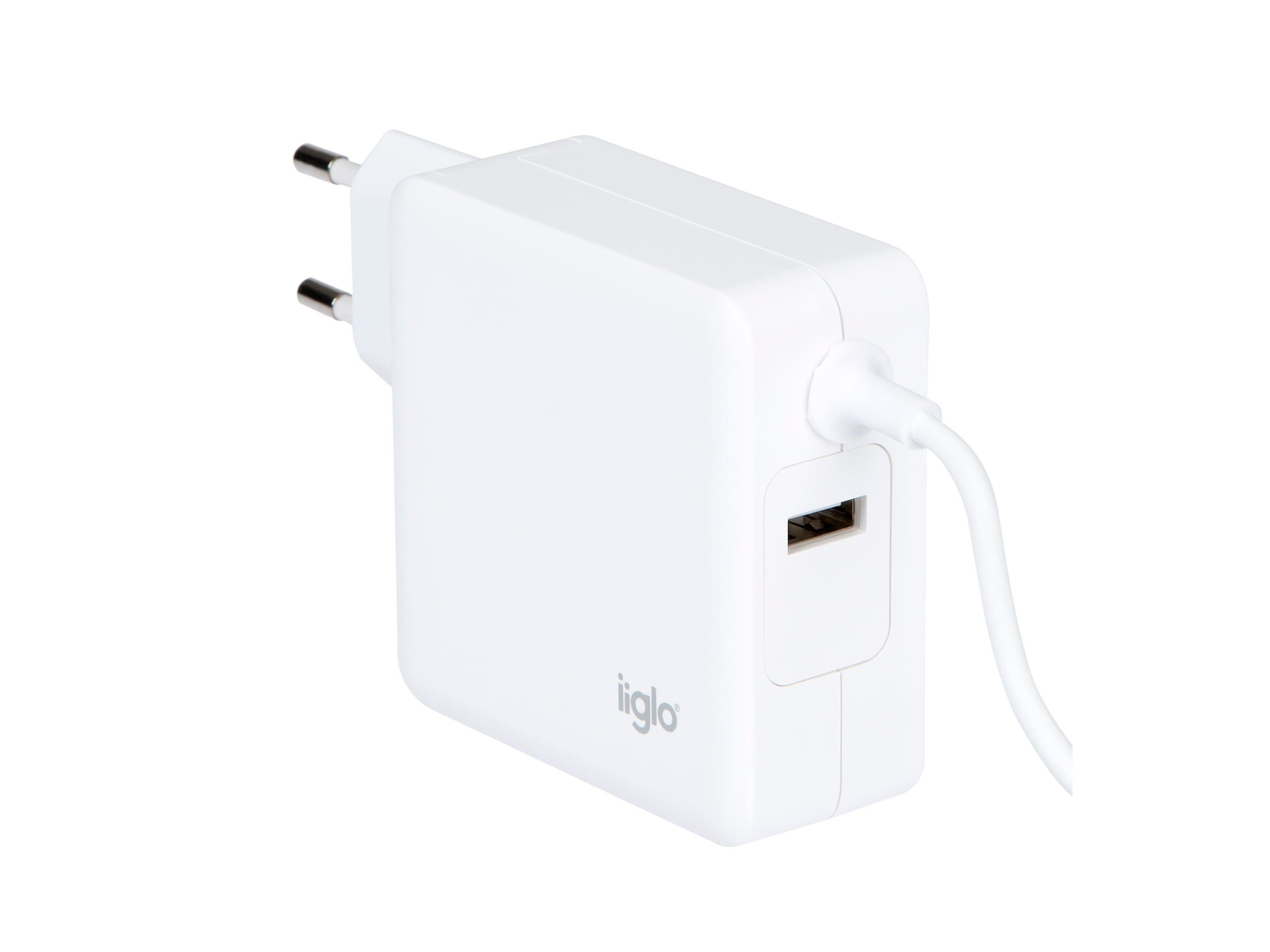 AC-adapter iiglo 65W USB-C, PD 3.0 USB-A 15W, med 1,8m integrerad kabel