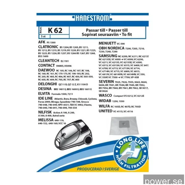 hanestroem Vacuum Cleaner Bags K62 - 5 pcs