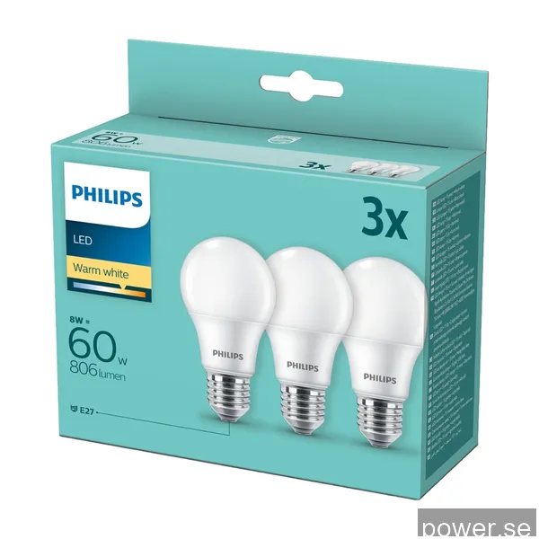 Philips LED-glödlampa Standard 8W/827 (60W) Frosted 3-pack E27
