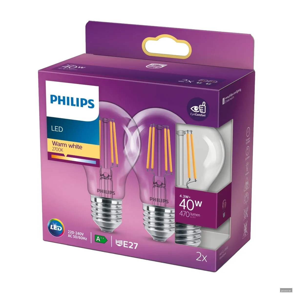 Philips LED-glödlampa Classic Standard 4.3W/827 (40W) klar 2-pack E27