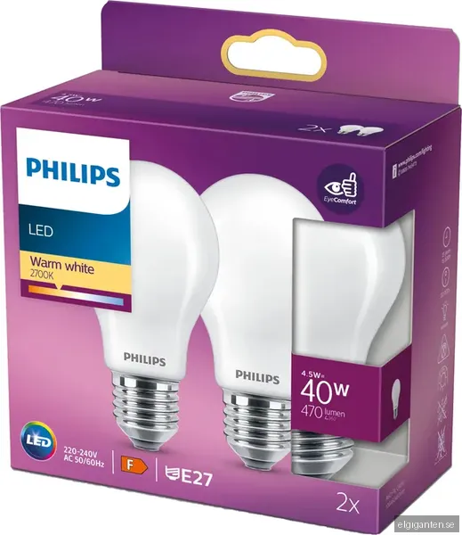 Philips LED-glödlampa Classic Standard 4.5W/827 (40W) Frosted 2-pack E27