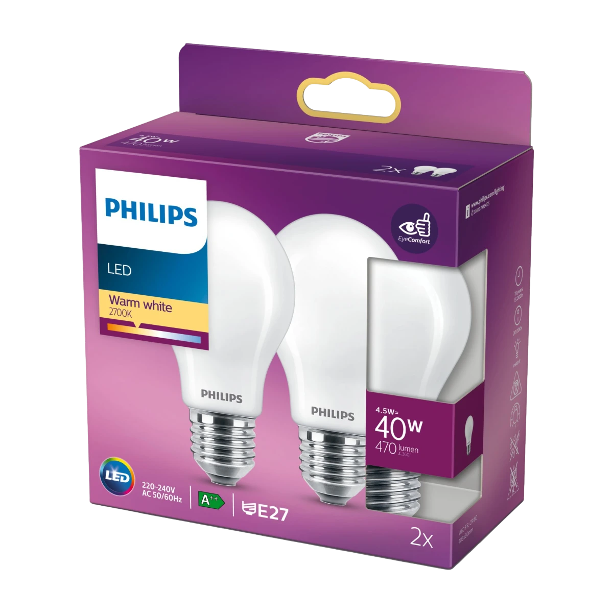 Philips LED-glödlampa Classic Standard 4.5W/827 (40W) Frosted 2-pack E27