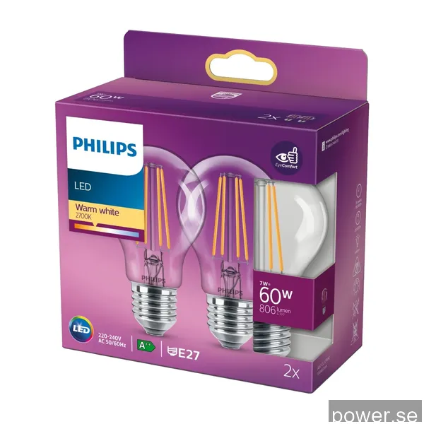 Philips LED-glödlampa Classic Standard 7W/827 (60W) Clear 2-pack E27