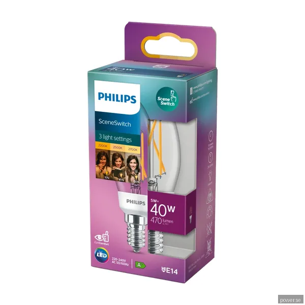Philips LED-glödlampa Classic Candle SceneSwitch 5W/822-827 (40W) Clear E14