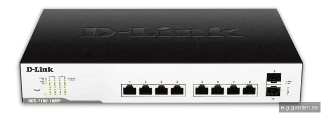 D-Link nätverksswitch, 8xRJ45, 2xSFP, PoE plus, Gigabit, svart/silver