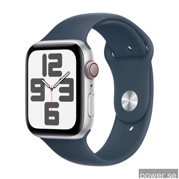 Apple Watch SE GPS + cellular 44 mm, silver aluminiumboett med Stormblå sportband - S/M