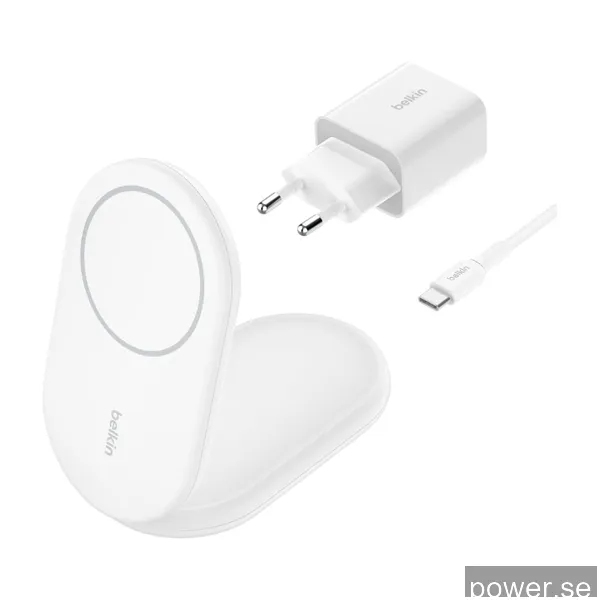 Belkin BoostCharge Qi2 magnetiskt vikbart laddningsställ (vit)