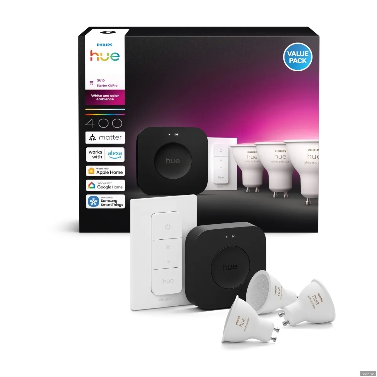 Philips Hue Startpaket: 3 st GU10 ljuskällor + Dimmer Switch + Bridge Pro