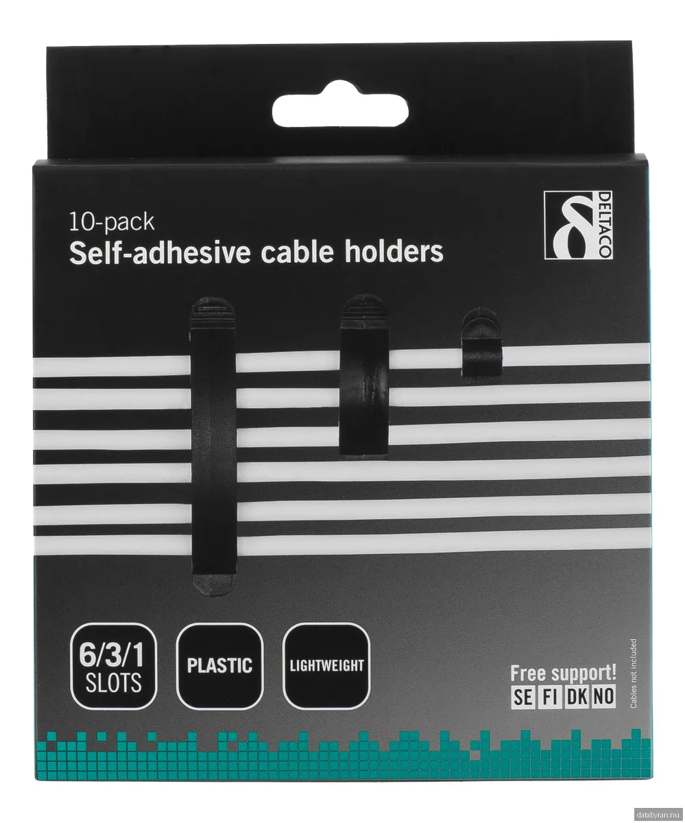 DELTACO självhäftande kabelklämmor, 1/3/6 platser, 10-pack - svart