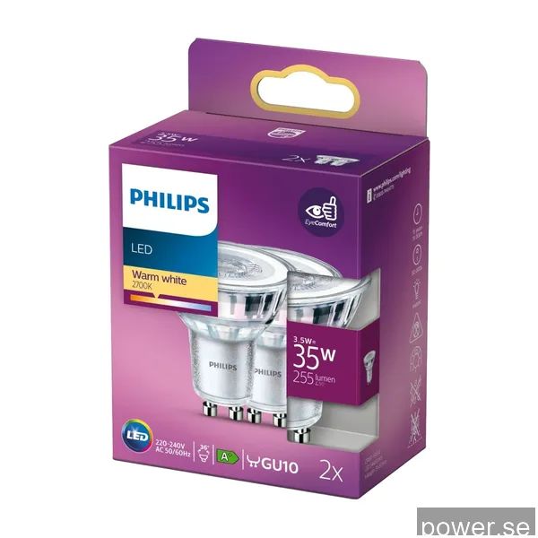 Philips LED-glödlampa Classic Spot 3.5W/827 (35W) 36° 2-pack GU10