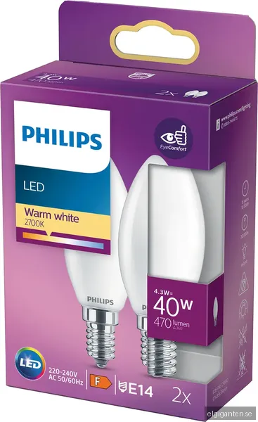 Philips LED-glödlampa Classic Candle 4.3W/827 (40W) Frosted 2-pack E14