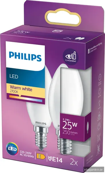 Philips LED-glödlampa Candle 2.2W/827 (25W) Frosted 2-pack E14