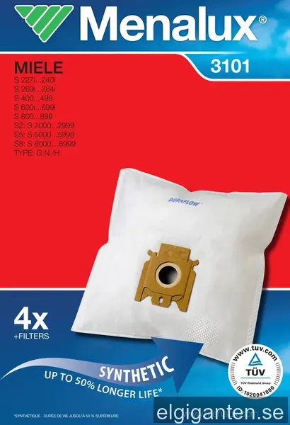Menalux dammsugarpåsar 3101 för utvalda Miele dammsugare (4 st)