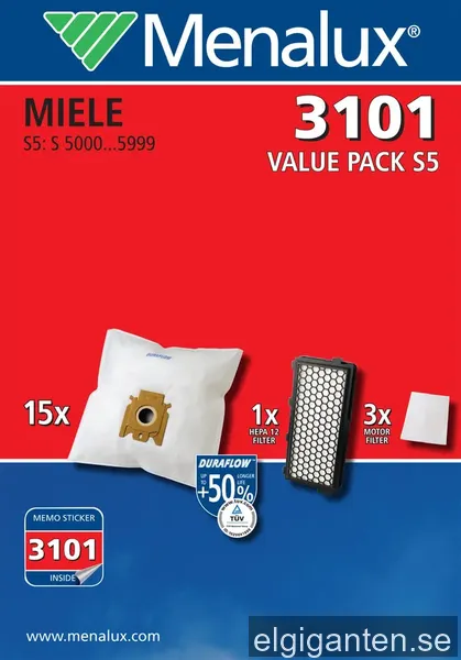 Menalux dammsugarpåsar 3101 för Miele S5 och S8 (15 st)