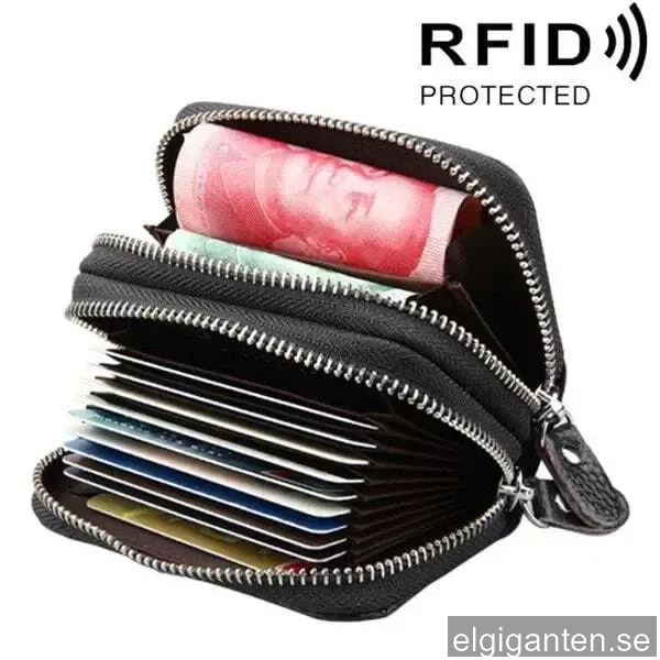 Svart plånbok i koläder med RFID-skydd och många praktiska fack