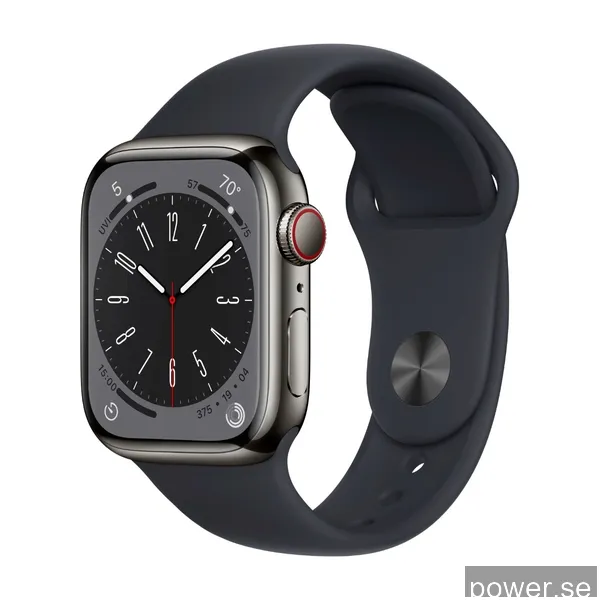 Apple Watch Series 8 GPS + Cellular 41 mm, grafit Rostfri, stålboett med, Midnatt sportband