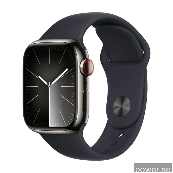 Apple Watch Series 9 GPS + Cellular 41 mm, grafit rostfritt, stålboett med, Midnatt sportband - M/L