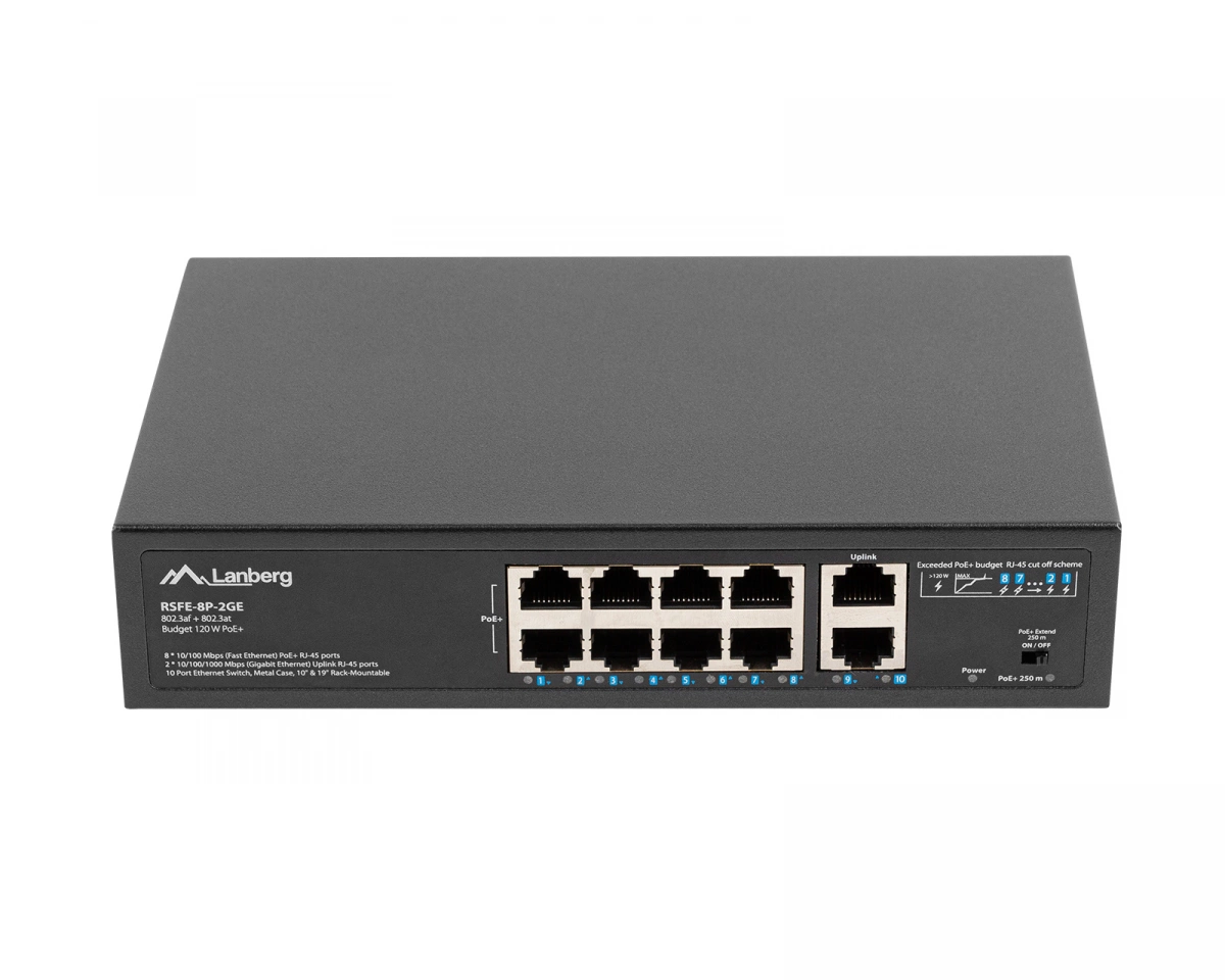 Lanberg RSFE-8P-2GE-120 Switch 8x100MB POE+ 2x 1GB Unmanaged Rack 10"/19" 120W