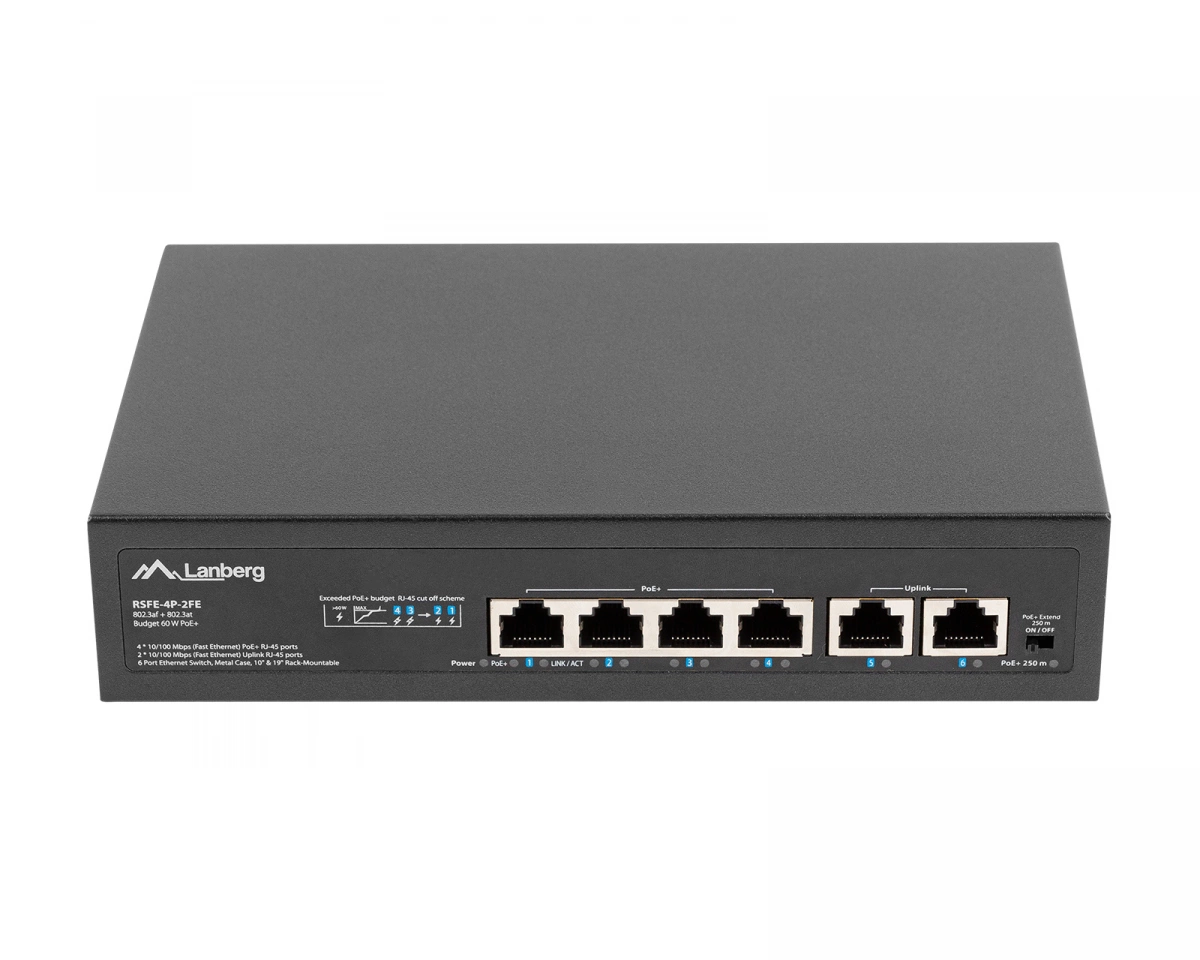Lanberg SWITCH POE 19" 6-PORT 100MB (4 PORTS POE, 30W/PORT, MAX 60W)