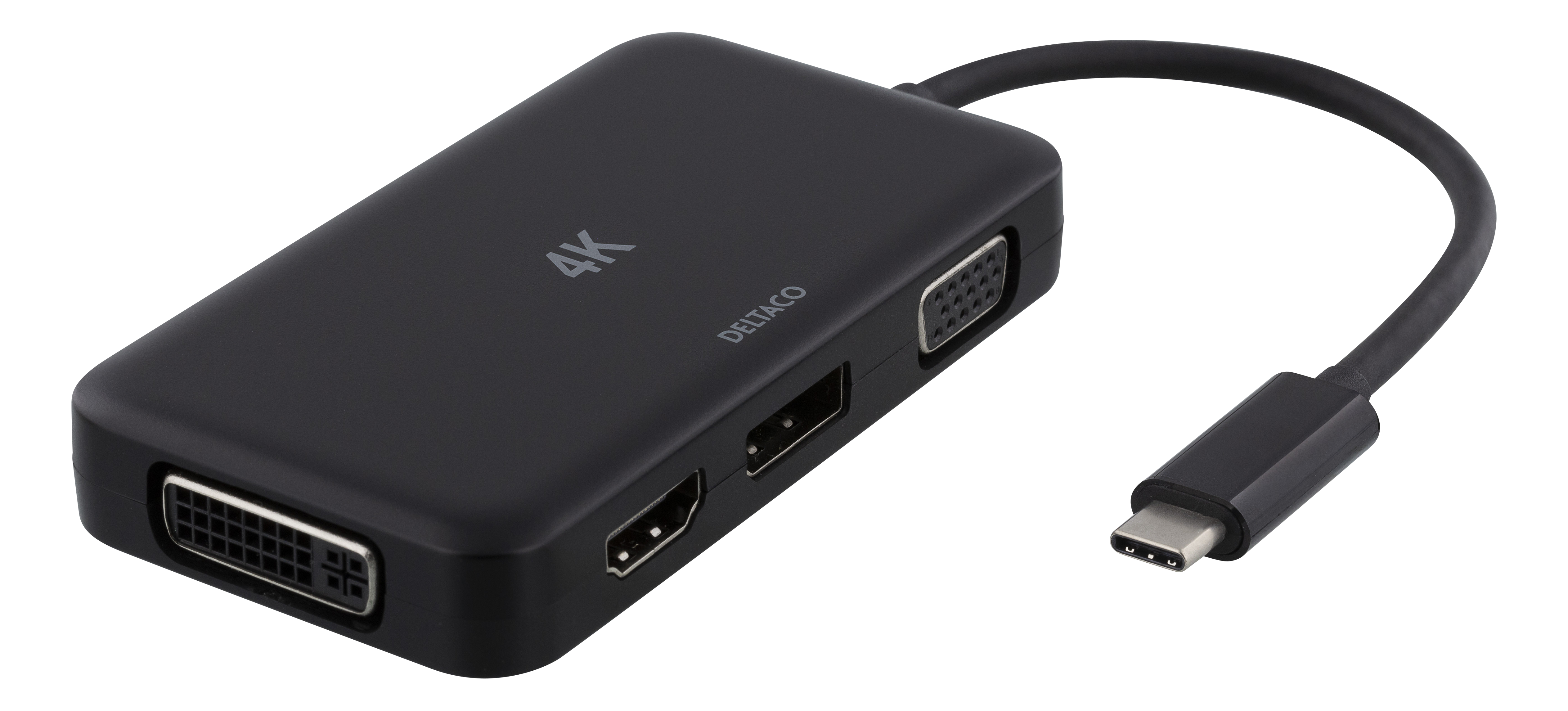 Multi-adapter Deltaco, USB-C till VGA/DVI/HDMI/DP, 4k, DP Alt Mode - Svart