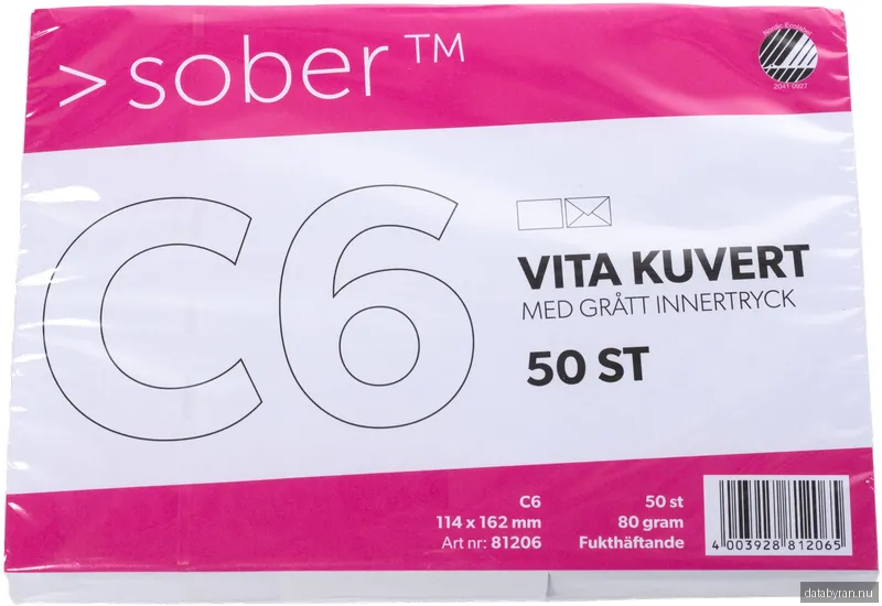 Kuvert Mayer Sober C6 Vit, fukthäftande förslutning, 50-pack