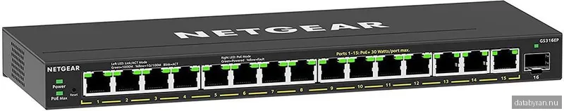 Netgear GS316EP-100PES 16-Port PoE+ Gigabit Ethernet Plus Switch (180W) with 1 SFP Port