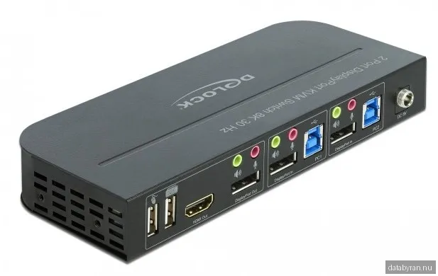 Systemswitch DeLock 11482, 2-vägs KVM, DisplayPort 1.4, 8K@30Hz / 4K@120Hz, USB 3.0, ljud