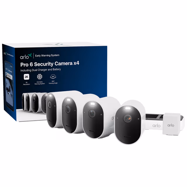 Arlo Pro 6 2K+ Övervakningskamera, 4-pack + Dubbel batteriladdare + extra batteri