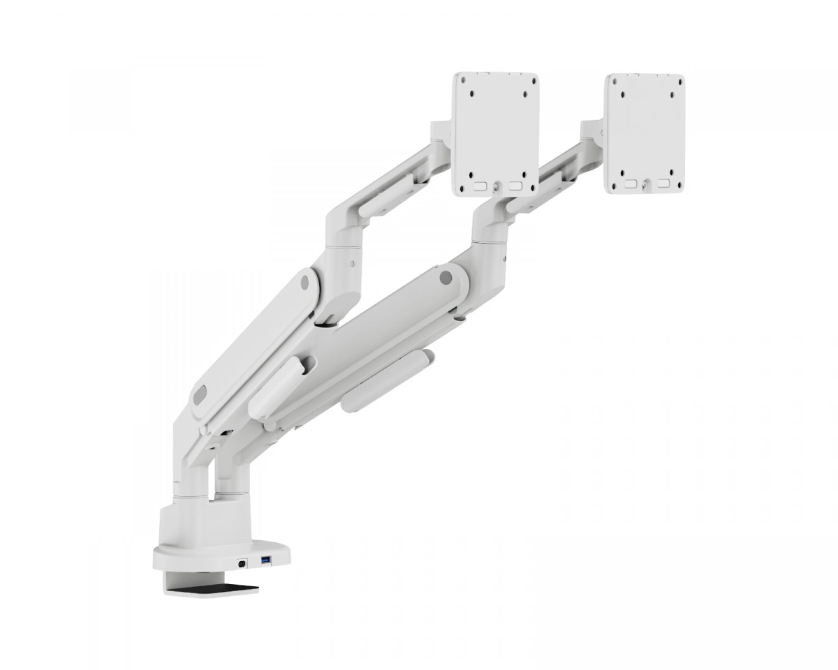 MaxMount Skärmstativ med gasfjäder och USB‑A- och USB‑C‑portar – 2 skärmar – Vit