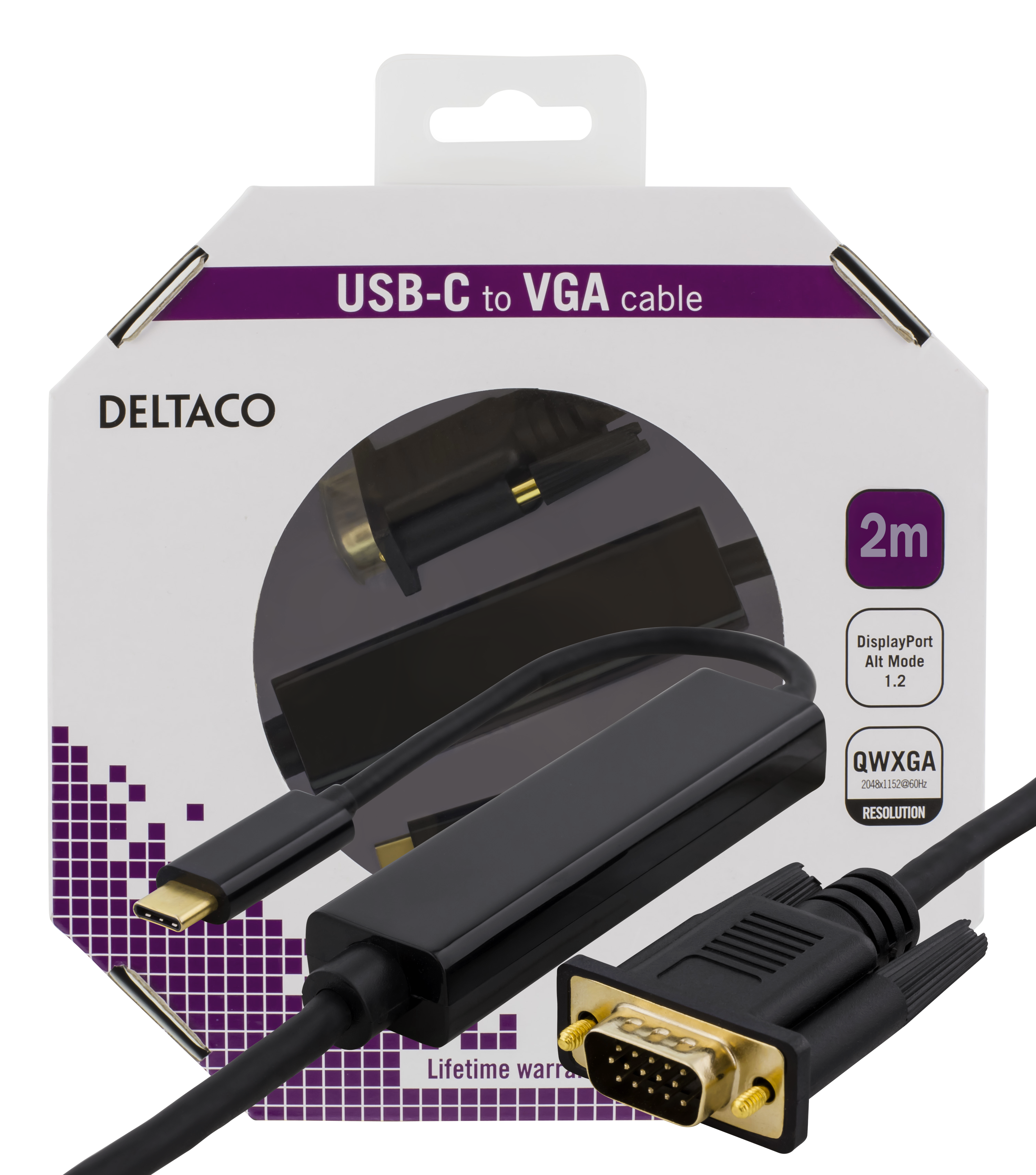 DELTACO USB-C - VGA, QWXGA 2048x1152 60Hz, 2m, DP 1.2 Alt Mode, svart